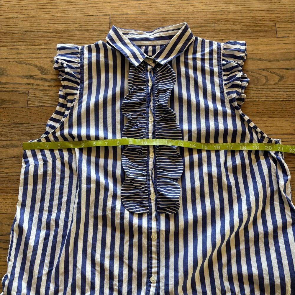 J.Crew Womens Large Blue White Striped Ruffle Front Sleeveless Cotton Top - Picture 3 of 7